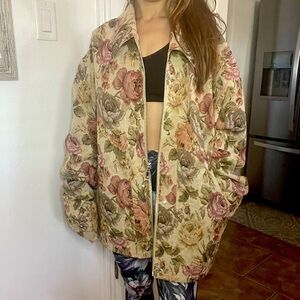 Fashion Nova Floral Tapestry Bomber Jacket in Beige, Pink, Green